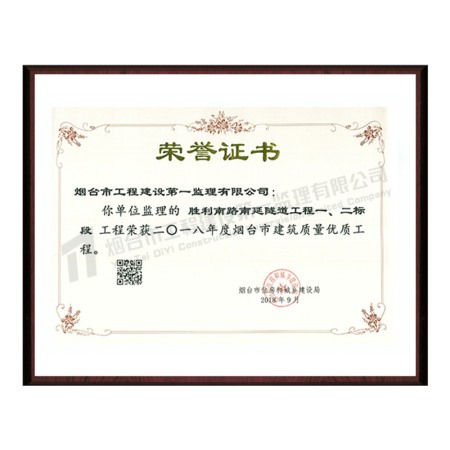 勝利南路南延隧道一、二標(biāo)段-2018年度煙臺(tái)市建筑質(zhì)量?jī)?yōu)質(zhì)工程